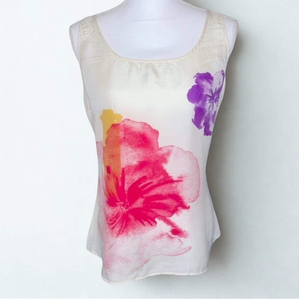 New York & Company Silk Cream Floral Boho  Tank Top Women Size Small